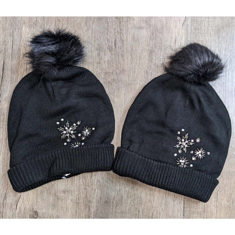 NWT Dress Barn Lot 2 Black Pompom Beaded Beanies